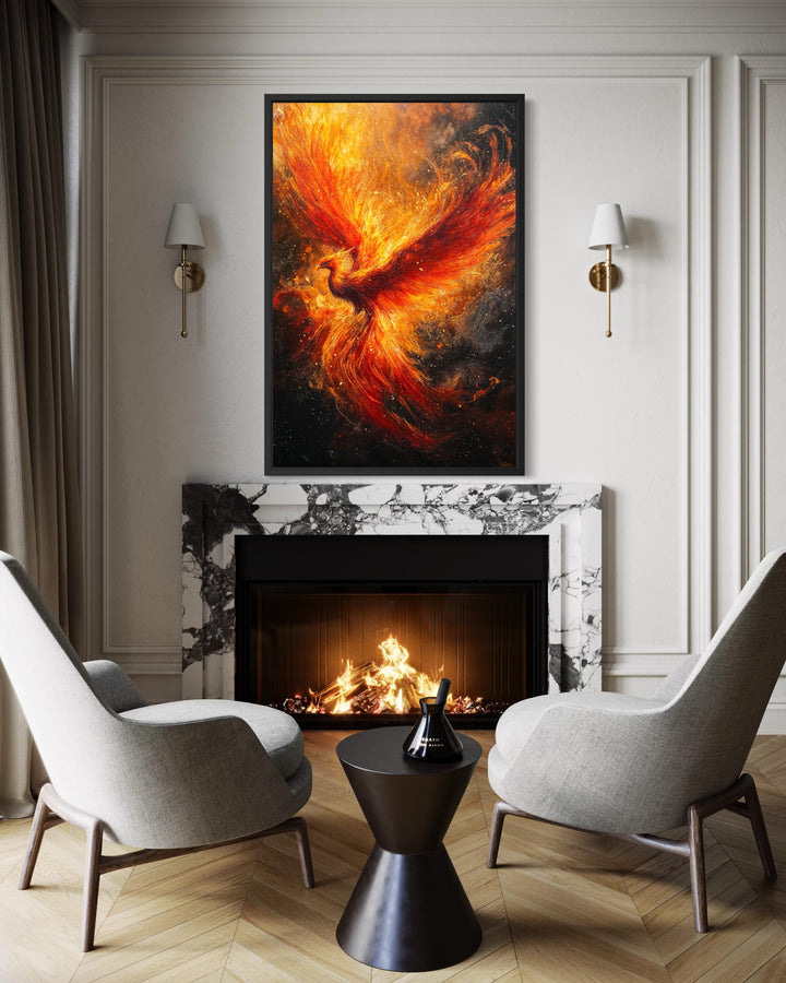 Vertical canvas wall art of a blazing phoenix rising above a modern fireplace in a neutral room.