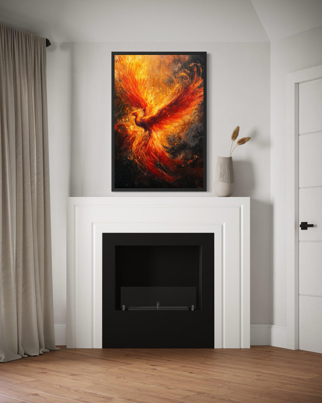 Vertical canvas wall art of a fiery phoenix rising above a modern white fireplace.