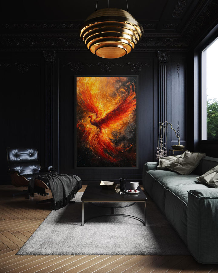 Vertical canvas wall art featuring a vibrant phoenix rising against a dark, ornate interior wall.