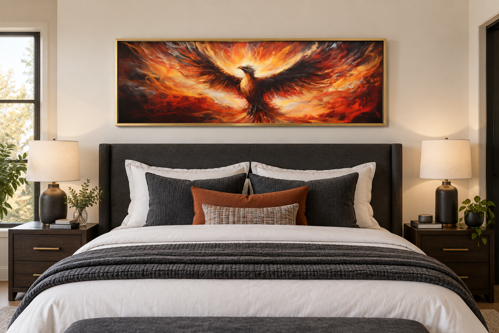 Phoenix rising from fire long horizontal framed canvas wall art hanging above a bed.