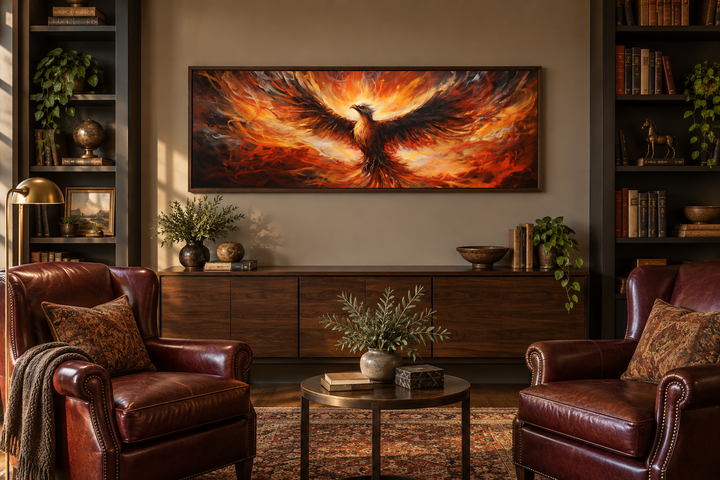 Phoenix Rising From Fire long horizontal framed canvas wall art above a wooden sideboard.