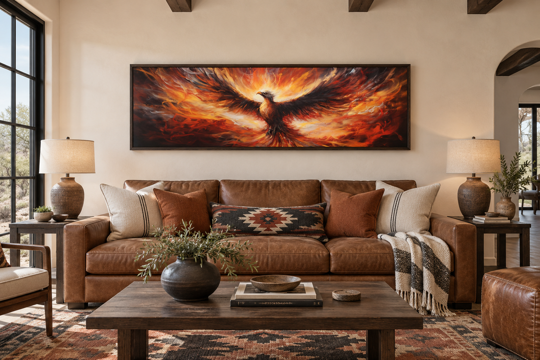 Phoenix Rising From Fire long horizontal framed canvas wall art above a brown leather sofa.