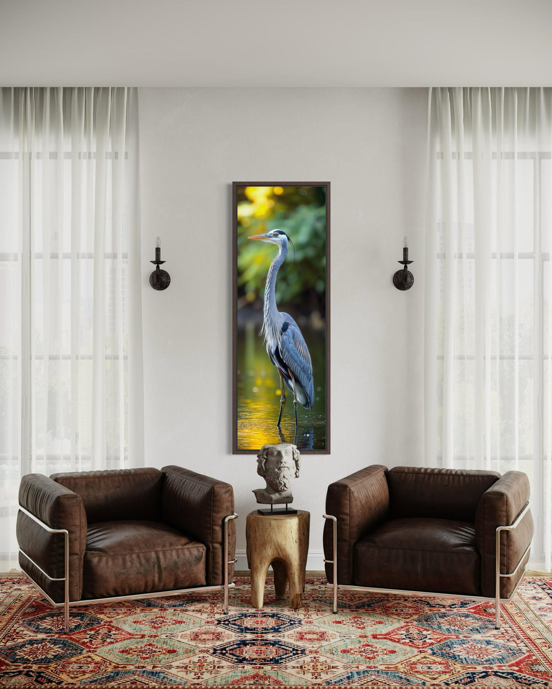 Vertical narrow wall art featuring a blue heron standing in water with soft, blurred background.