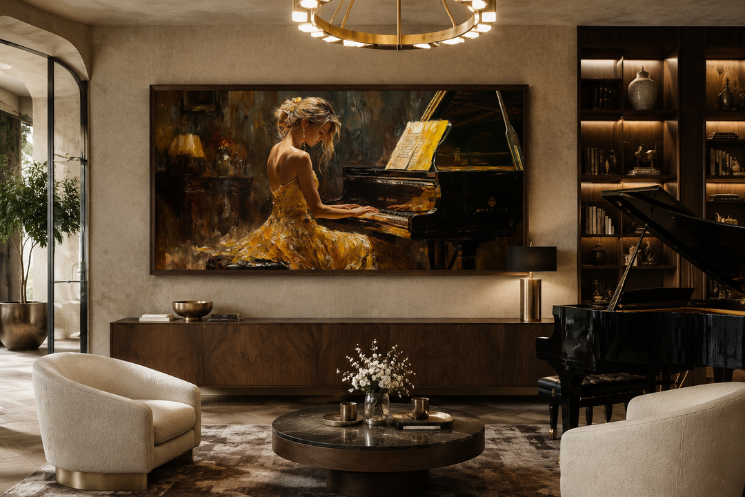 Piano Player In Yellow Dress Music Canvas Wall Art displayed in a sophisticated living room.