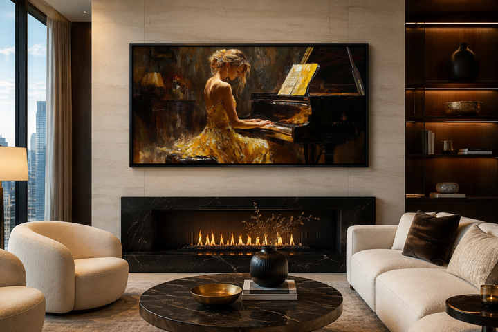 Piano Player In Yellow Dress Music Canvas Wall Art displayed above a fireplace in a modern room.
