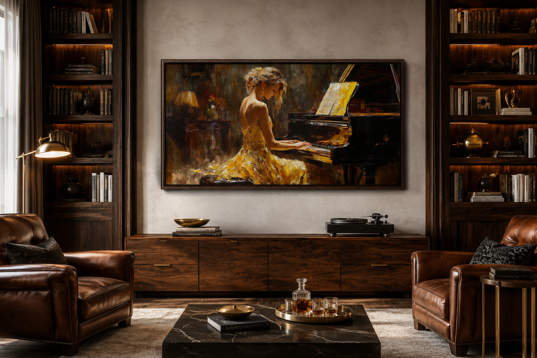 Piano Player In Yellow Dress Music Canvas Wall Art in a dark wood-paneled lounge with leather chairs.