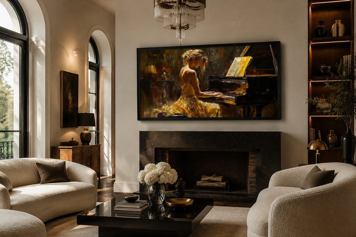 Piano Player In Yellow Dress Music Canvas Wall Art hanging above a fireplace in a modern living room