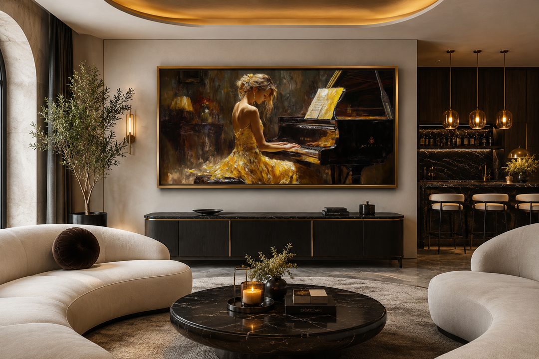 Piano Player In Yellow Dress Music Canvas Wall Art in a modern living room setting.