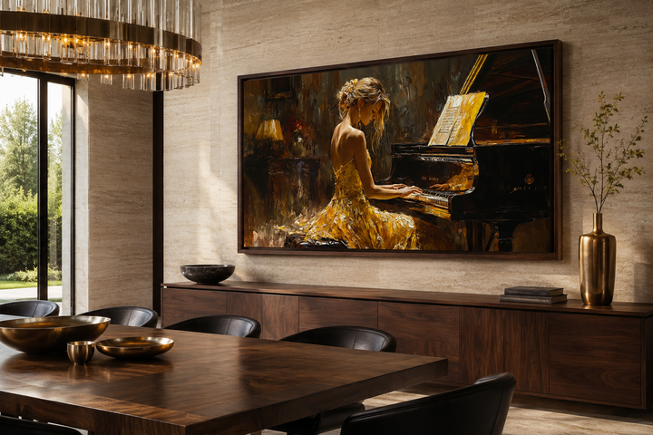 Piano Player in Yellow Dress Music Canvas Wall Art in a dark wood frame above a sideboard.
