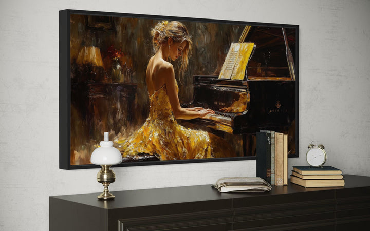 Piano Player In Yellow Dress Music Canvas Wall Art displayed above a dark wooden dresser.