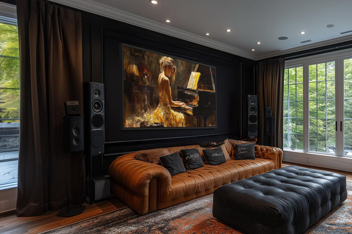 Canvas wall art of a woman in a yellow dress playing a grand piano in a dark, moody living room.