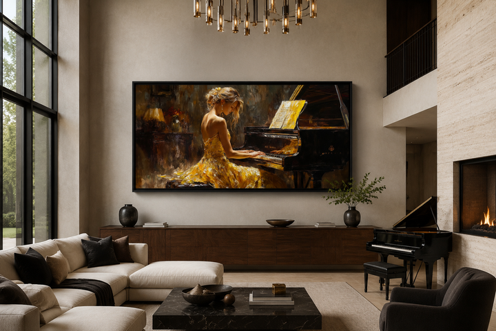 Framed canvas wall art of a woman in a yellow dress playing a grand piano in a modern living room.