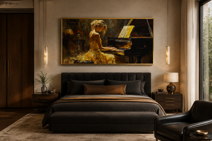 Piano Player In Yellow Dress Music Canvas Wall Art hanging above a bed in a modern bedroom.