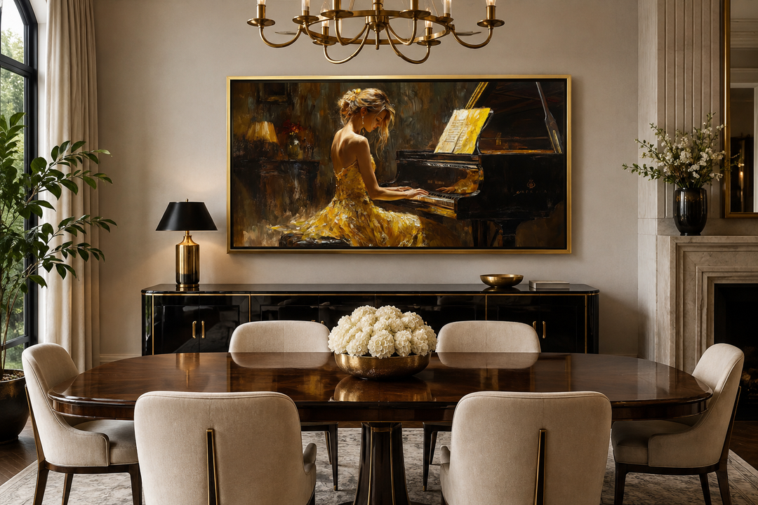 Canvas wall art of a woman in a yellow dress playing a grand piano in a classic dining room.