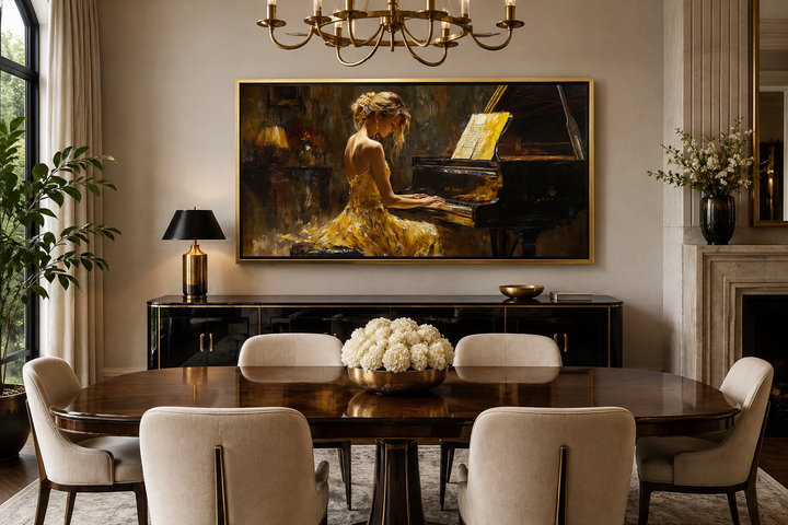 Canvas wall art of a woman in a yellow dress playing a grand piano in a classic dining room.