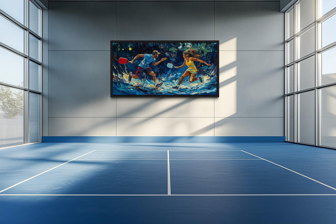 Vibrant pickleball canvas art featuring two players in motion, hung on a modern blue court wall.