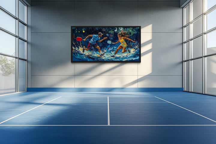 Vibrant pickleball canvas art featuring two players in motion, hung on a modern blue court wall.