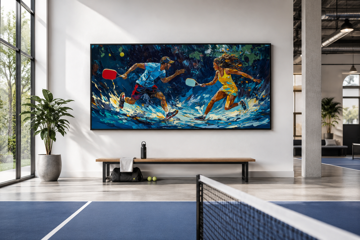 Vibrant framed canvas art of two pickleball players in action, hung in a modern indoor court room.