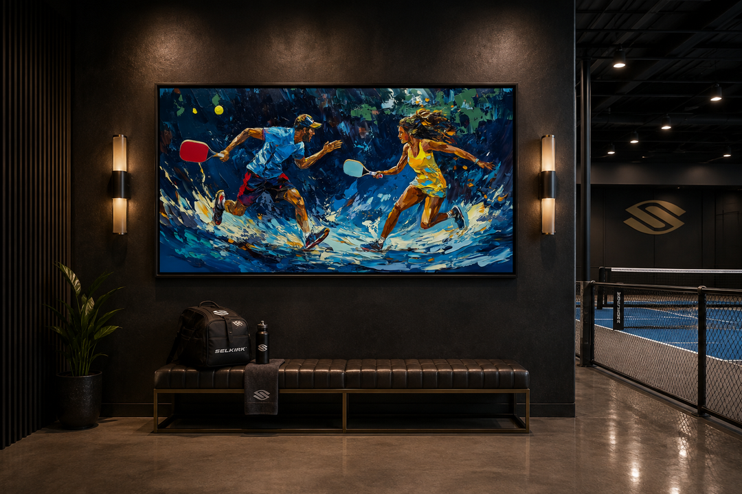 Vibrant framed canvas wall art of two pickleball players in action above a black leather bench.