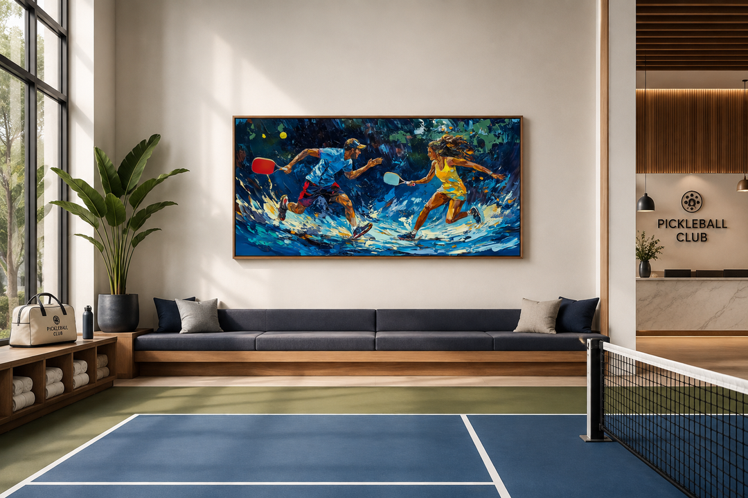 Vibrant framed canvas wall art of two pickleball players in action above a court seating area.