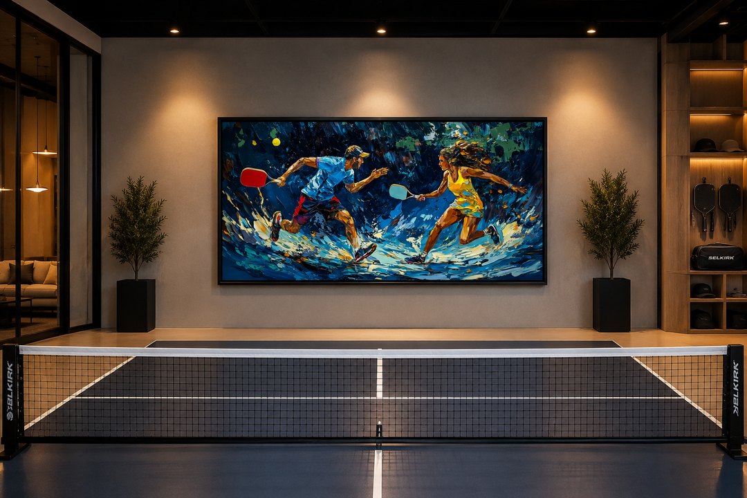 Vibrant framed canvas wall art of two pickleball players in action above an indoor court.