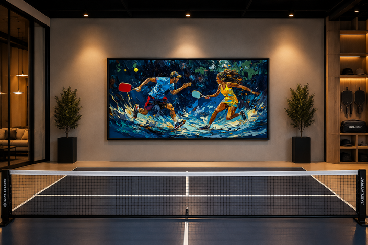 Vibrant framed canvas wall art of two pickleball players in action above an indoor court.