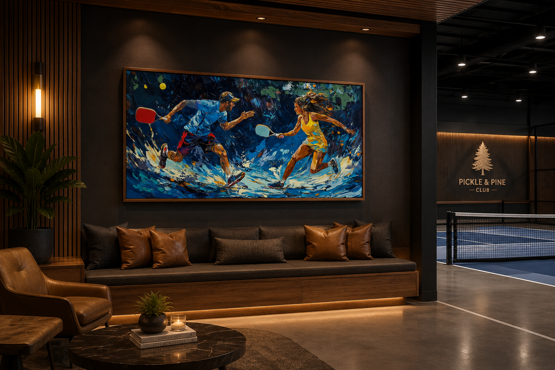 Vibrant framed canvas wall art of two pickleball players in action above a modern lounge sofa.