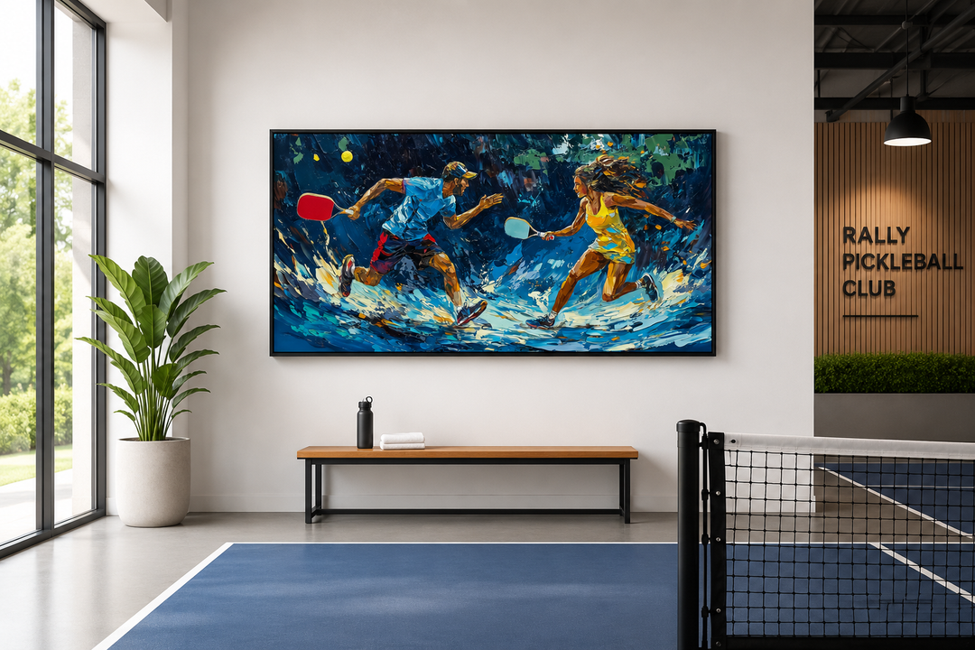 Vibrant framed canvas art of two pickleball players in action, hung in a modern sports club setting.