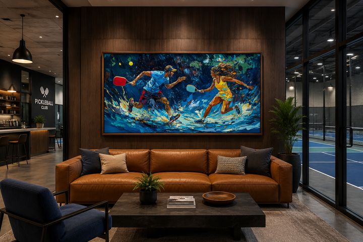 Vibrant pickleball wall art featuring two players in action above a brown leather sofa.