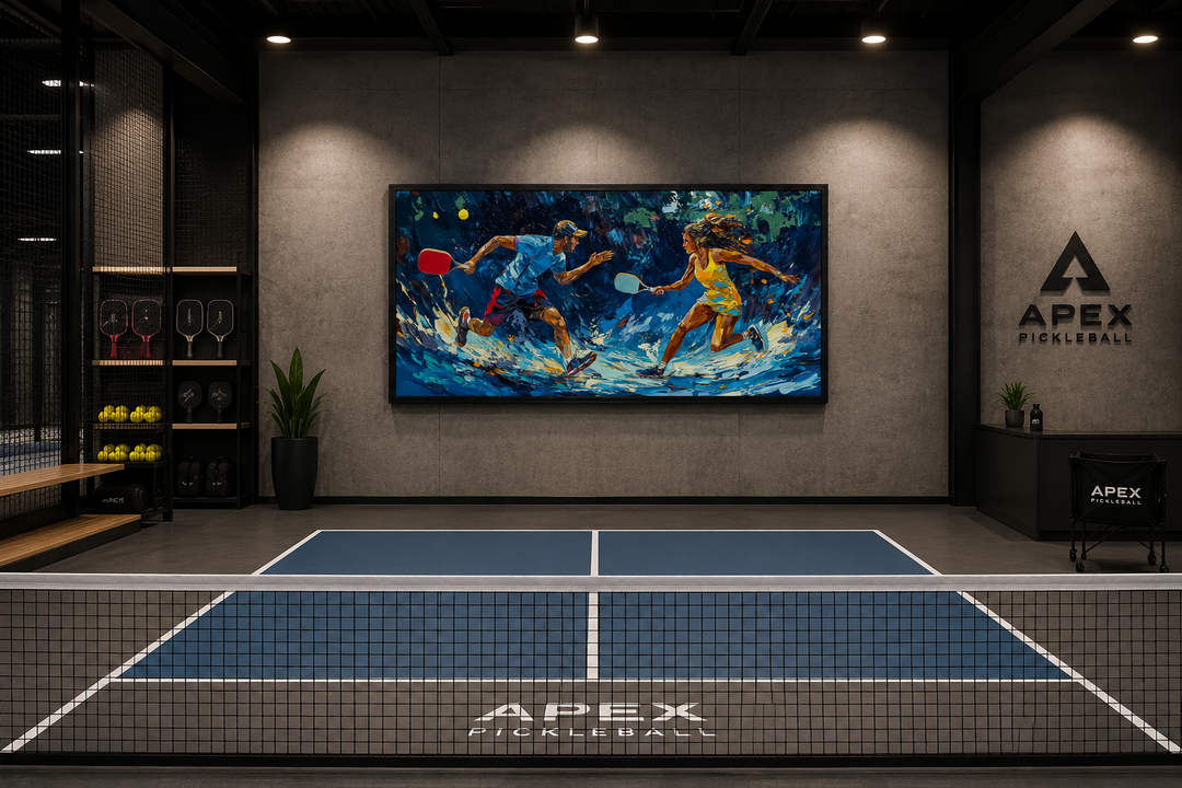 Vibrant framed canvas wall art of two pickleball players in action above a blue indoor court.