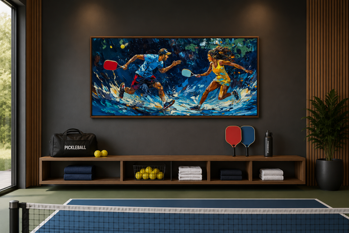 Vibrant pickleball wall art featuring two energetic players in a dynamic, colorful canvas painting.