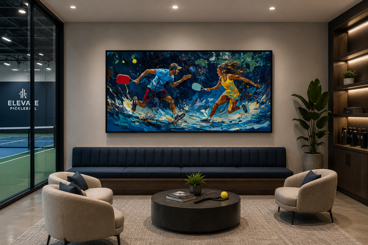 Vibrant framed canvas wall art of two pickleball players in action above a modern lounge seating.