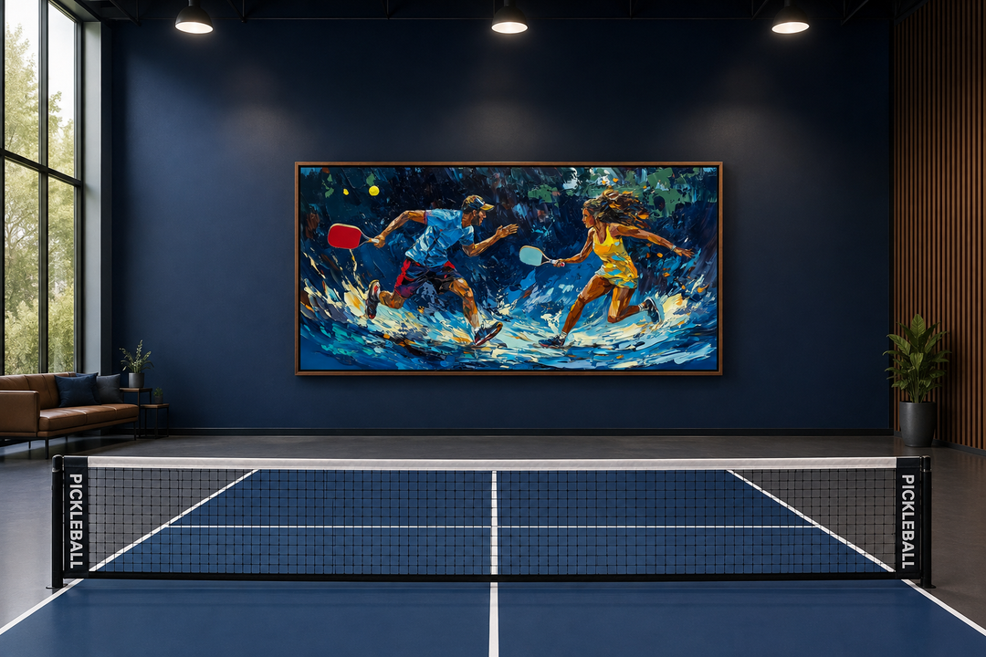 Vibrant framed canvas wall art of two pickleball players in action above an indoor court.
