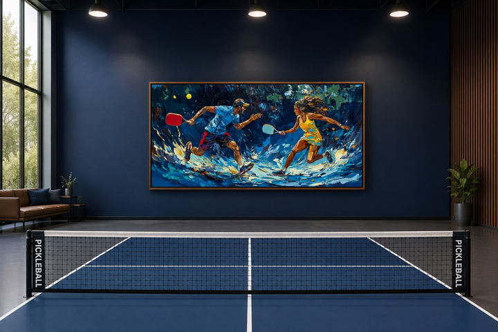 Vibrant framed canvas wall art of two pickleball players in action above an indoor court.