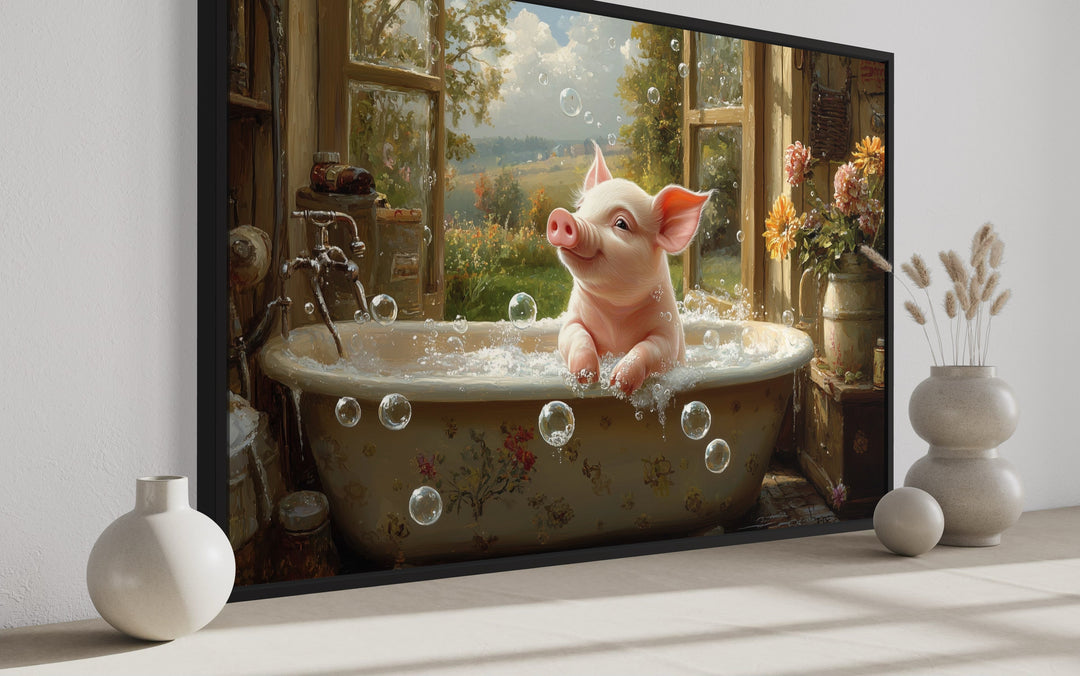 Piglet in a Bathtub Framed Canvas Wall Art