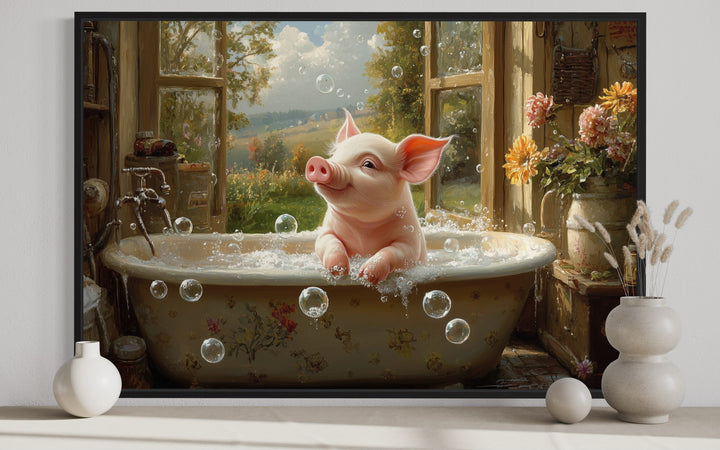 Piglet in a Bathtub Framed Canvas Wall Art