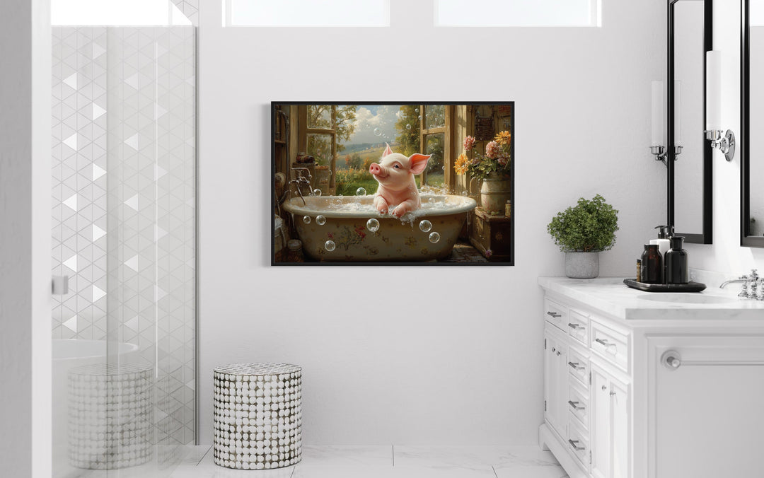 Piglet in a Bathtub Framed Canvas Wall Art