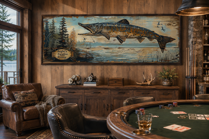 Framed pike fish wall art with 'Angler's Paradise Retreat' sign in a rustic cabin game room.