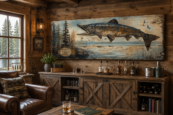 Rustic pike fish wall art sign titled Angler's Paradise Retreat on a wooden cabin wall.