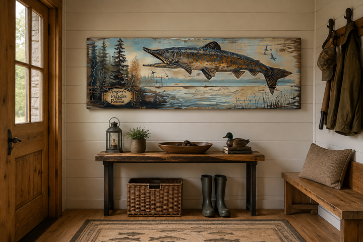 Pike Fish Wall Art, Angler's Paradise Retreat fishing sign on a rustic wooden panel in a cabin.