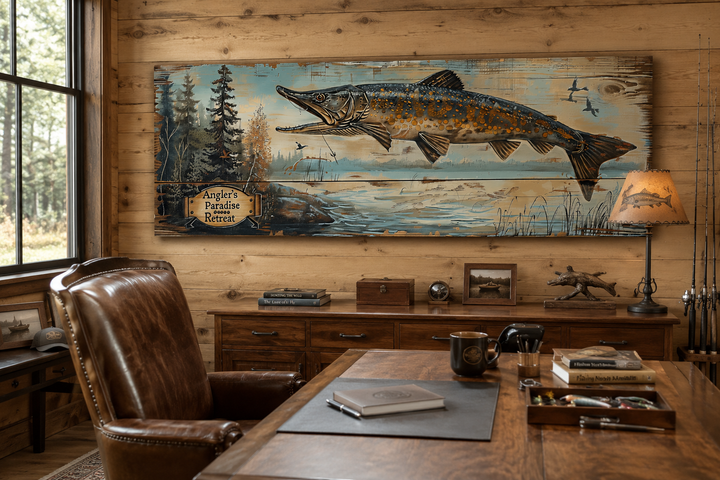 Rustic pike fish wall art with 'Angler's Paradise Retreat' sign on a weathered wood background.