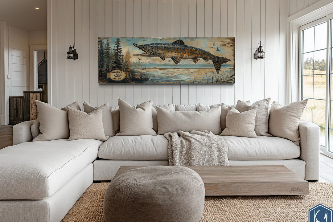 Pike Fish Wall Art - Angler's Paradise Retreat Fishing Sign over a white sectional sofa in a cabin.