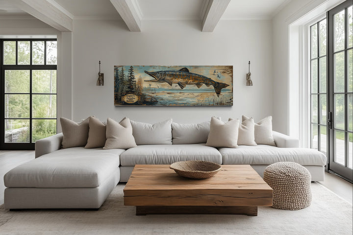Pike Fish Wall Art - Angler's Paradise Retreat Fishing Sign in a rustic cabin living room.