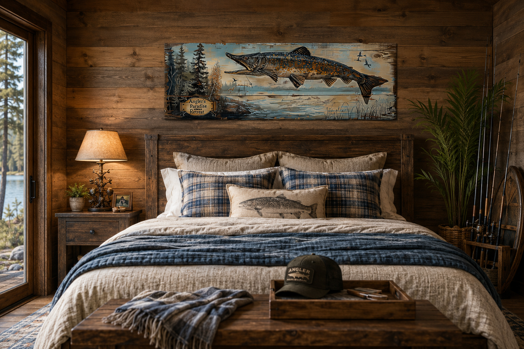 Rustic pike fish wall art sign titled Angler's Paradise Retreat hanging above a cabin bed.