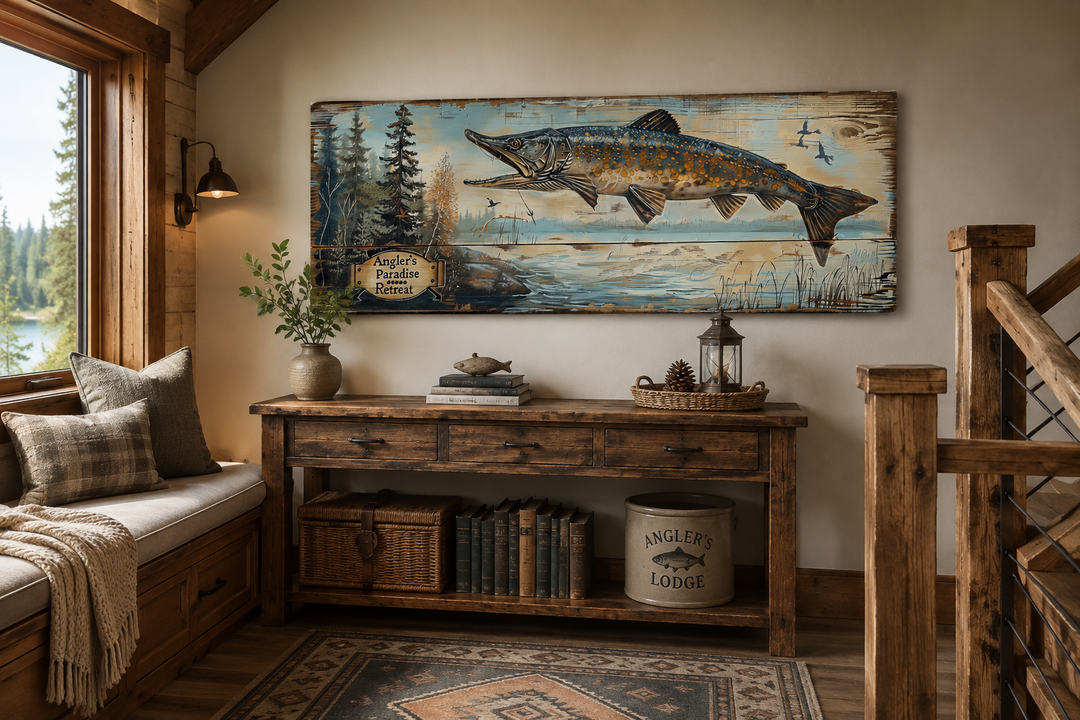 Rustic pike fish wall art sign titled Angler's Paradise Retreat in a cozy cabin setting.