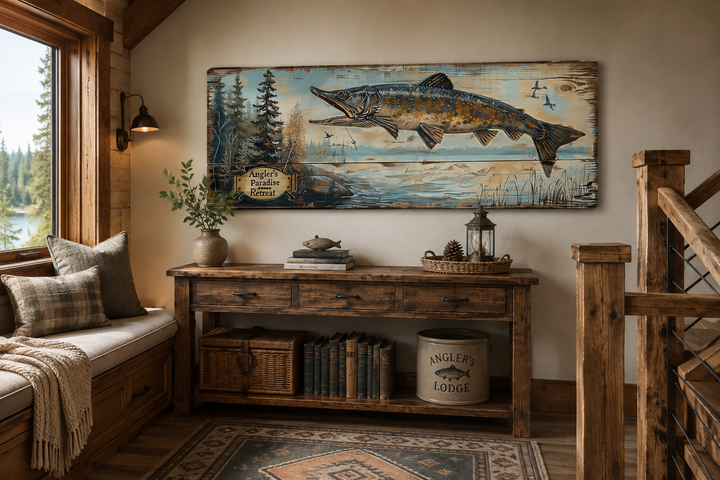 Rustic pike fish wall art sign titled Angler's Paradise Retreat in a cozy cabin setting.