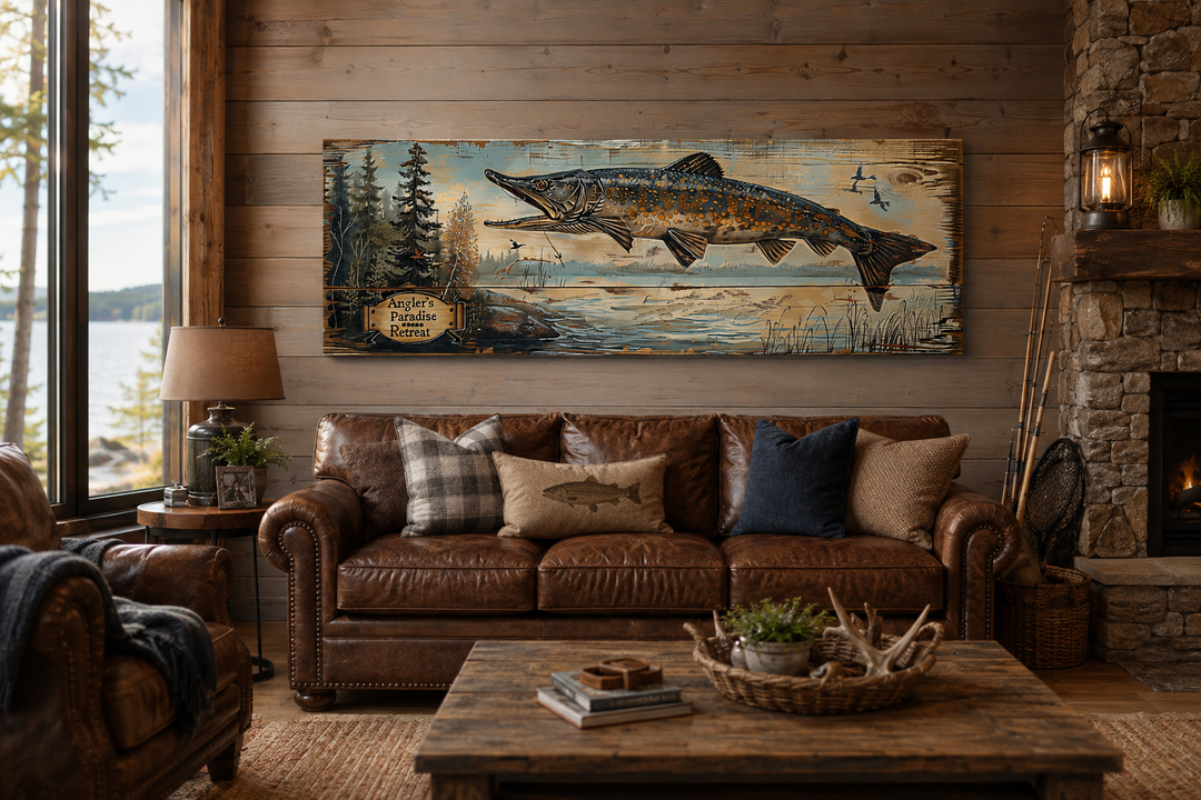 Pike Fish Wall Art - Angler's Paradise Retreat Fishing Sign hanging above a brown leather sofa.
