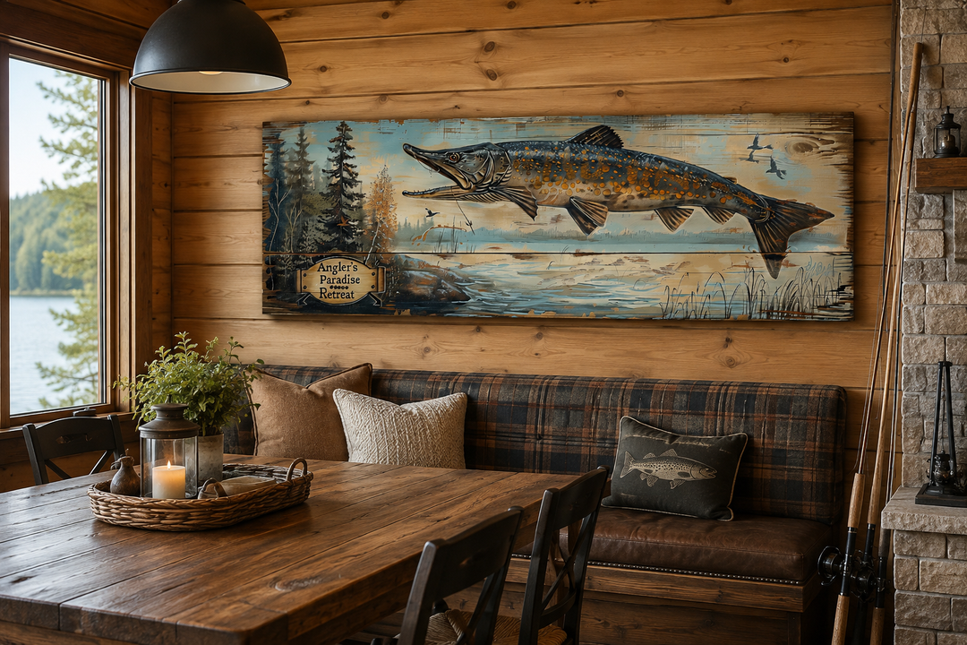 Rustic pike fish wall art sign titled Angler's Paradise Retreat in a cozy cabin dining area.