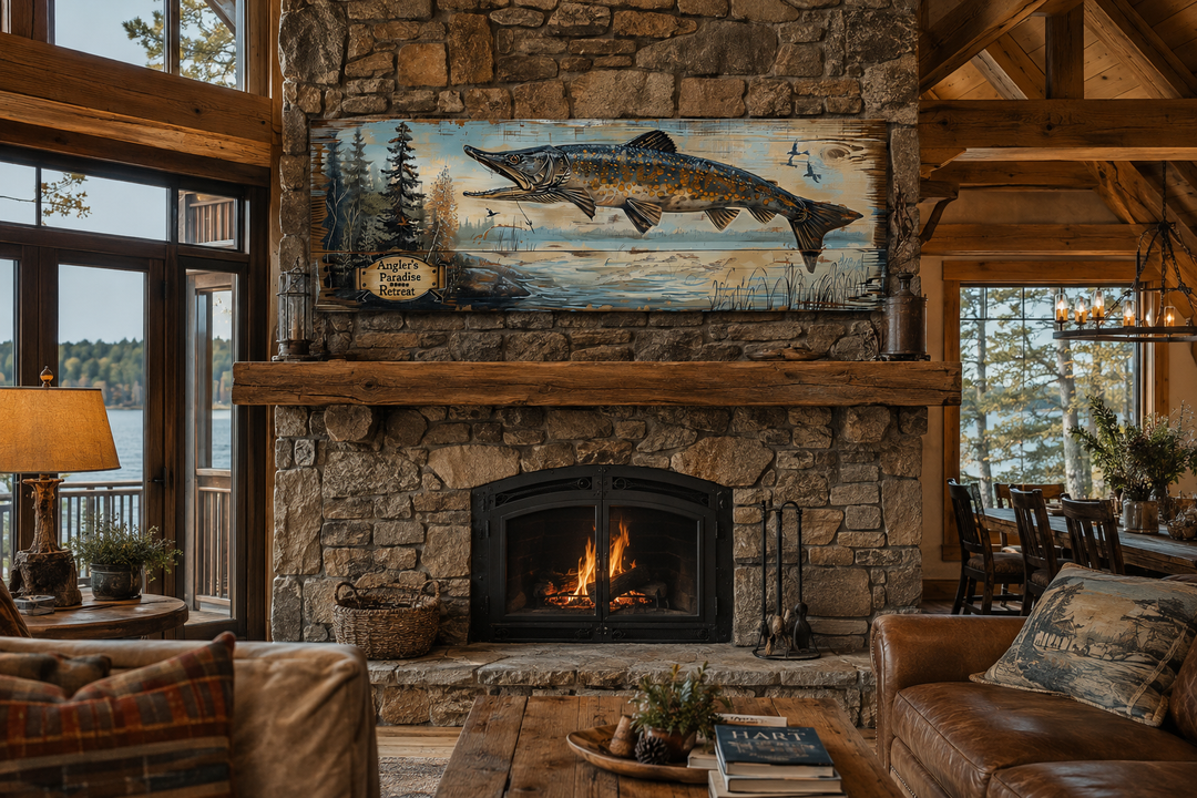 Pike fish wall art sign above a stone fireplace in a rustic cabin living room.