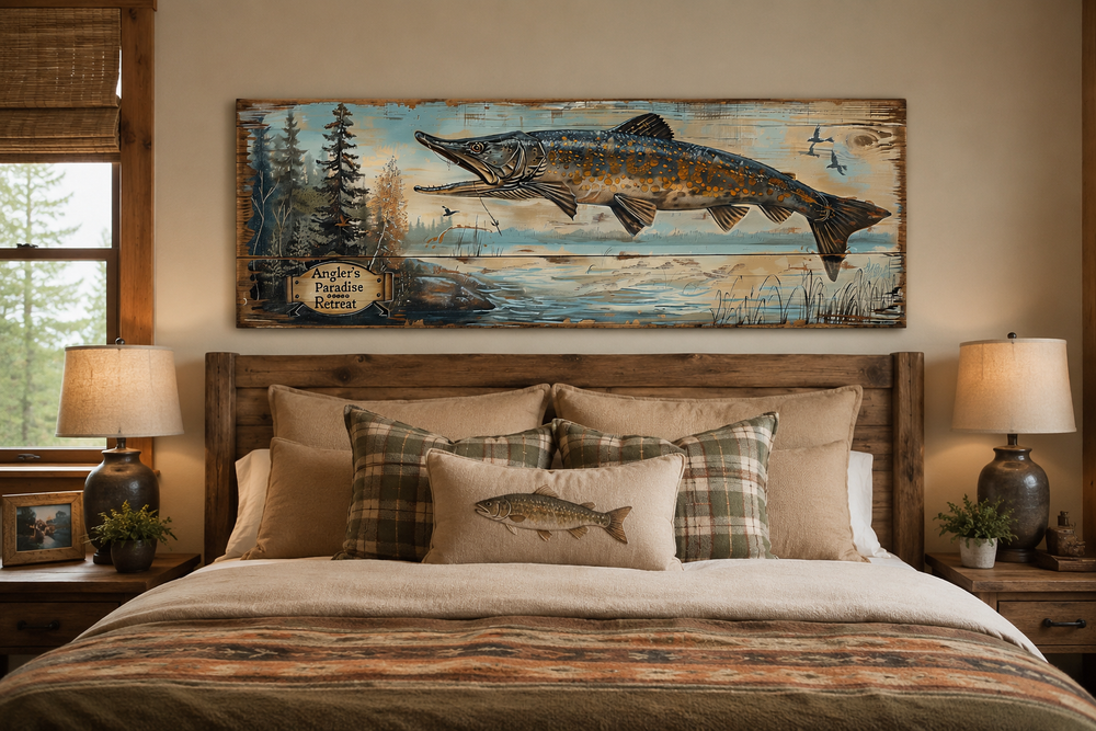 Rustic pike fish wall art above a bed, featuring a vintage-style Angler's Paradise Retreat sign.